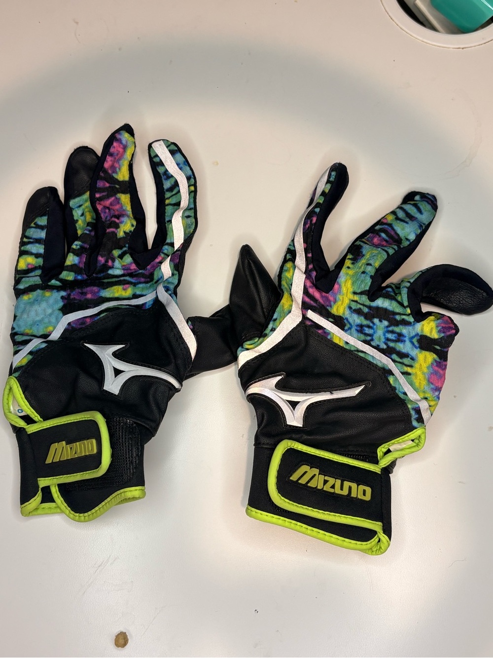 Mizuno Black Batting Gloves with Tie-Dye Accents and Neon Trim